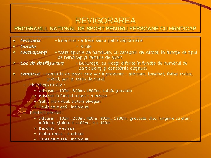 REVIGORAREA PROGRAMUL NAŢIONAL DE SPORT PENTRU PERSOANE CU HANDICAP Perioada Durata Participanţi - luna