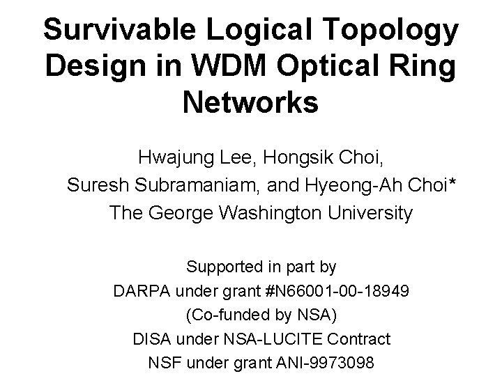 Survivable Logical Topology Design in WDM Optical Ring Networks Hwajung Lee, Hongsik Choi, Suresh