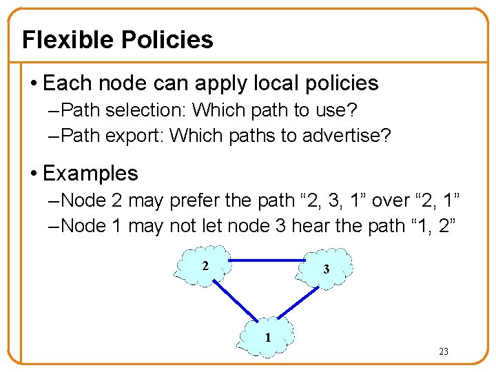 Flexible Policies • Each node can apply local policies – Path selection: Which path