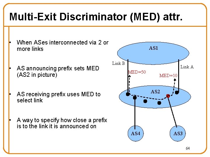 Multi-Exit Discriminator (MED) attr. • When ASes interconnected via 2 or more links •