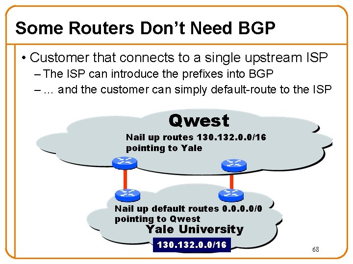 Some Routers Don’t Need BGP • Customer that connects to a single upstream ISP