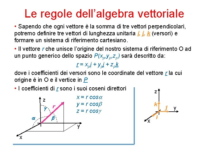Le regole dell’algebra vettoriale • Sapendo che ogni vettore è la somma di tre Le regole dell’algebra vettoriale • Sapendo che ogni vettore è la somma di tre