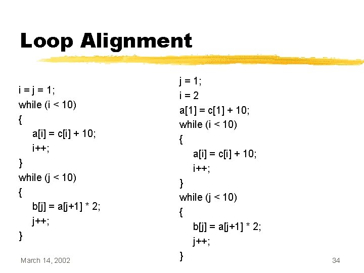 Loop Alignment i = j = 1; while (i < 10) { a[i] =