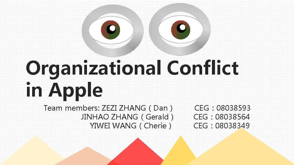 Organizational Conflict in Apple Team members: ZEZI ZHANG（Dan） JINHAO ZHANG（Gerald） YIWEI WANG（Cherie） CEG： 08038593