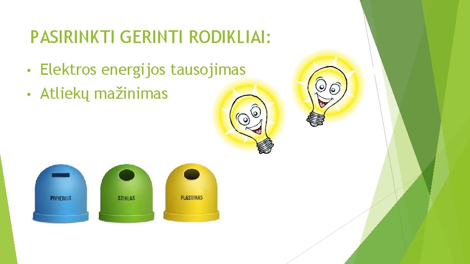 PASIRINKTI GERINTI RODIKLIAI: • Elektros energijos tausojimas • Atliekų mažinimas 