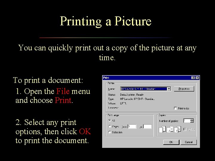Printing a Picture You can quickly print out a copy of the picture at