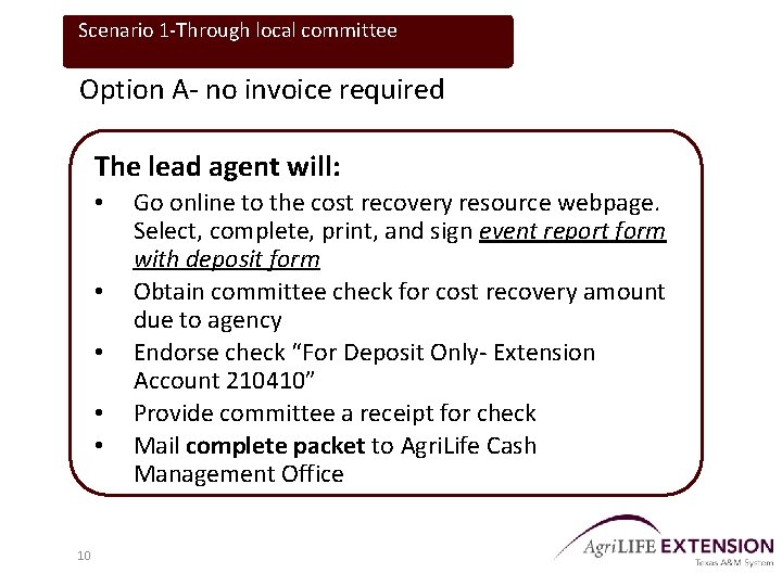 Scenario 1 -Through local committee Option A- no invoice required The lead agent will: