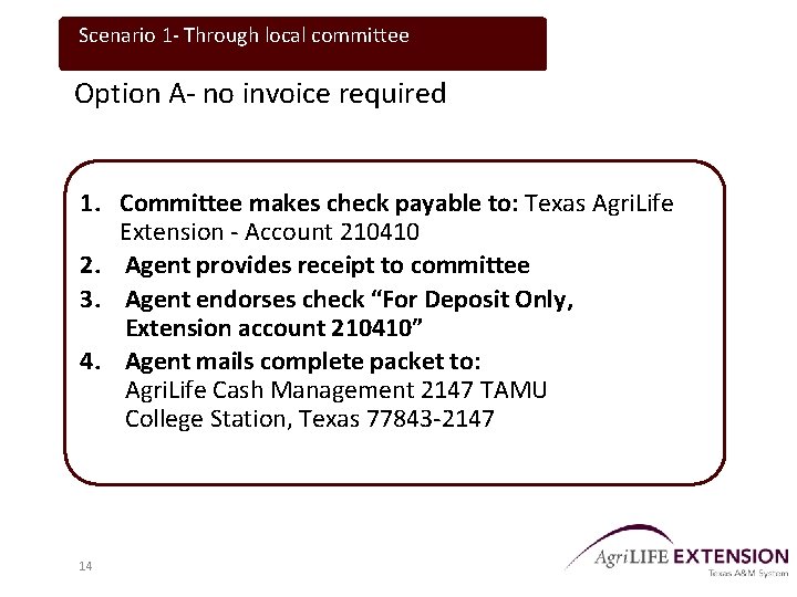 Scenario 1 - Through local committee Option A- no invoice required 1. Committee makes