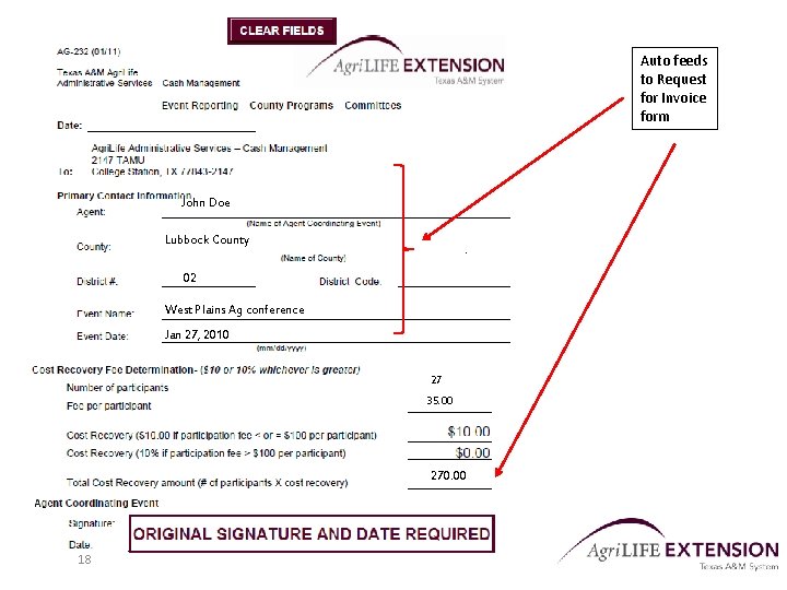 Auto feeds to Request for Invoice form John Doe Lubbock County 02 West Plains