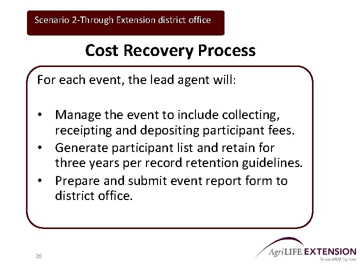 Scenario 2 -Through Extension district office Cost Recovery Process For each event, the lead