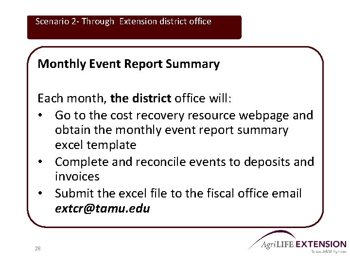 Scenario 2 - Through Extension district office Monthly Event Report Summary Each month, the