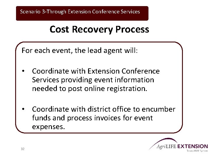 Scenario 3 -Through Extension Conference Services Cost Recovery Process For each event, the lead