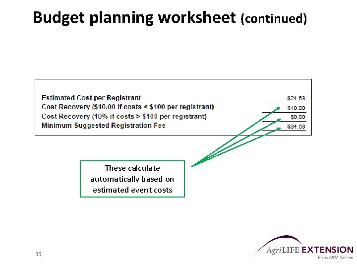 Budget planning worksheet (continued) These calculate automatically based on estimated event costs 35 