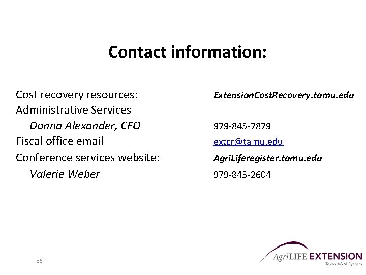 Contact information: Cost recovery resources: Administrative Services Donna Alexander, CFO Fiscal office email Conference