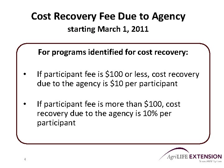 Cost Recovery Fee Due to Agency starting March 1, 2011 For programs identified for