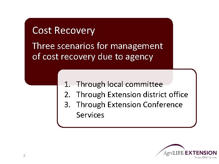 Cost Recovery Three scenarios for management of cost recovery due to agency 1. Through