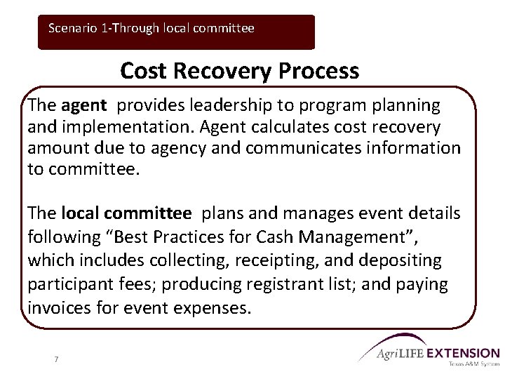 Scenario 1 -Through local committee Cost Recovery Process The agent provides leadership to program