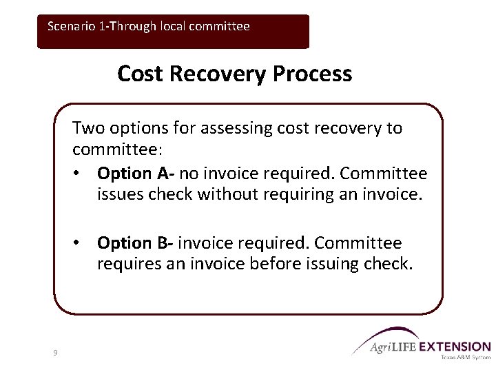 Scenario 1 -Through local committee Cost Recovery Process Two options for assessing cost recovery