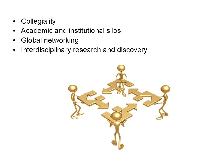 • • Collegiality Academic and institutional silos Global networking Interdisciplinary research and discovery • • Collegiality Academic and institutional silos Global networking Interdisciplinary research and discovery