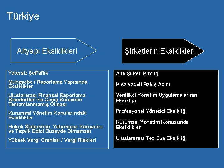 Türkiye Altyapı Eksiklikleri Şirketlerin Eksiklikleri Yetersiz Şeffaflık Aile Şirketi Kimliği Muhasebe / Raporlama Yapısında