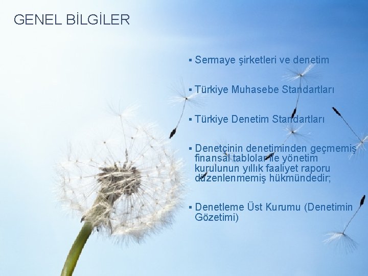 GENEL BİLGİLER § Sermaye şirketleri ve denetim § Türkiye Muhasebe Standartları § Türkiye Denetim