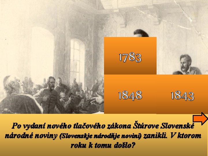 1783 1848 1843 Po vydaní nového tlačového zákona Štúrove Slovenské národné noviny (Slovenskje národňje