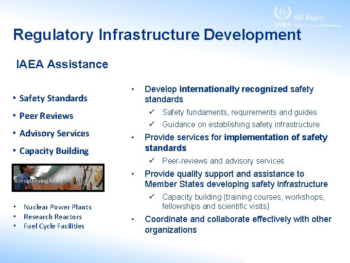 Regulatory Infrastructure Development IAEA Assistance • Safety Standards • ü Safety fundaments, requirements and