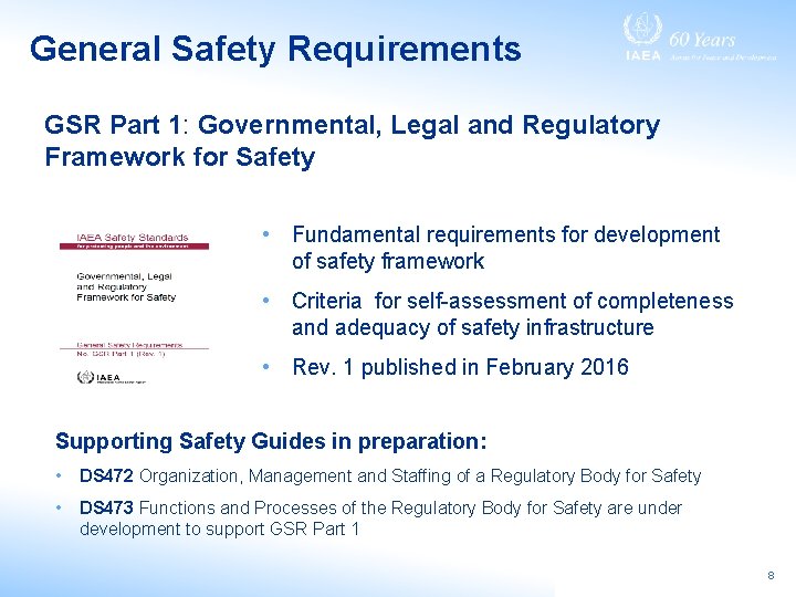 General Safety Requirements GSR Part 1: Governmental, Legal and Regulatory Framework for Safety •