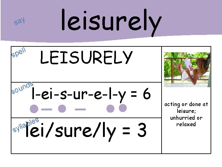 leisurely say LEISURELY ll e p s s d n sou l-ei-s-ur-e-l-y = 6