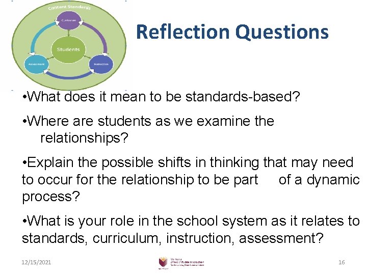 Reflection Questions • What does it mean to be standards-based? • Where are students