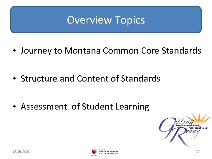 Overview Topics • Journey to Montana Common Core Standards • Structure and Content of
