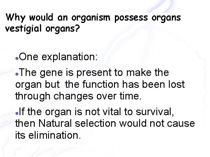 Why would an organism possess organs vestigial organs? One explanation: The gene is present