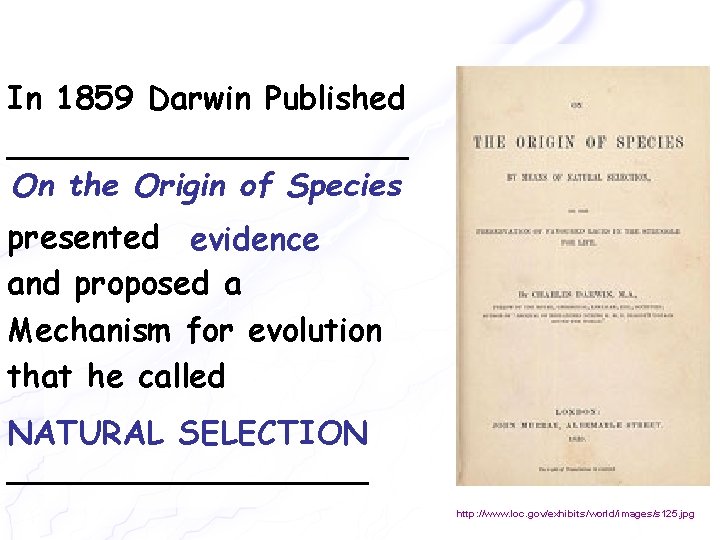 In 1859 Darwin Published __________ On the Origin of Species presented evidence and proposed