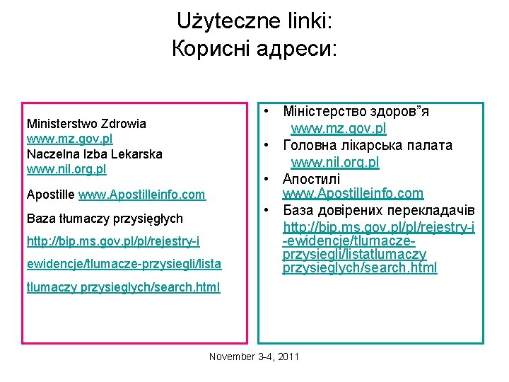 Użyteczne linki: Корисні адреси: Ministerstwo Zdrowia www. mz. gov. pl Naczelna Izba Lekarska www.