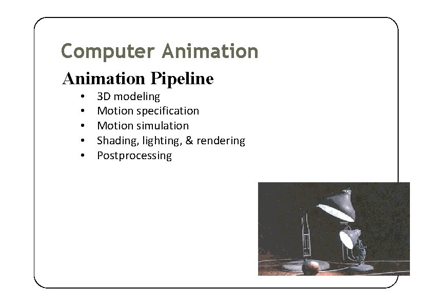 Computer Animation Pipeline • • • 3 D modeling Motion specification Motion simulation Shading,