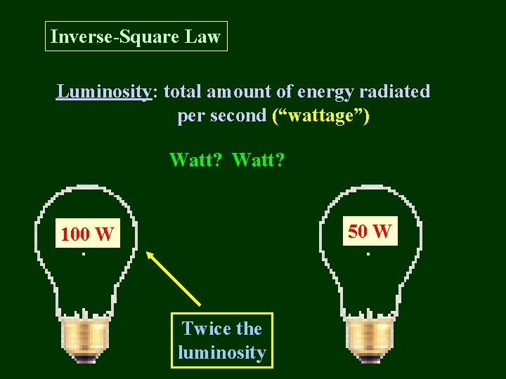 Inverse-Square Law Luminosity: total amount of energy radiated per second (“wattage”) Watt? 50 W