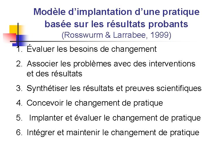 Modèle d’implantation d’une pratique basée sur les résultats probants (Rosswurm & Larrabee, 1999) 1.