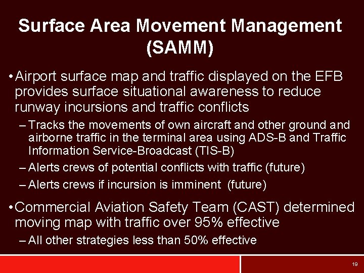 Surface Area Movement Management (SAMM) • Airport surface map and traffic displayed on the