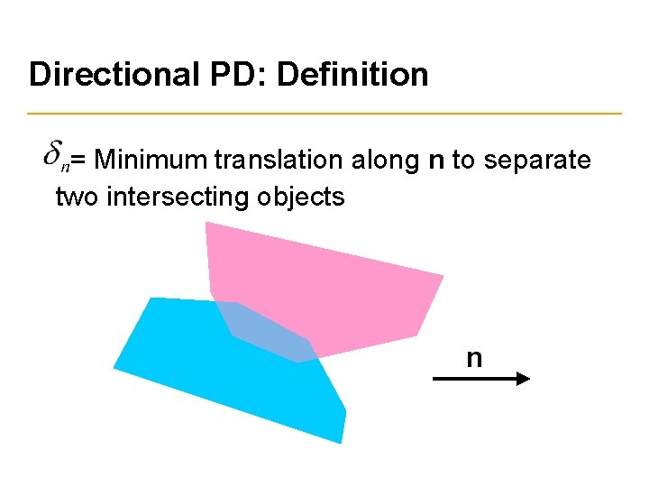 Directional PD: Definition = Minimum translation along n to separate two intersecting objects n