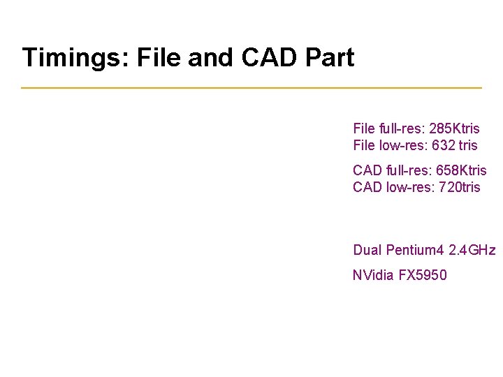 Timings: File and CAD Part File full-res: 285 Ktris File low-res: 632 tris CAD