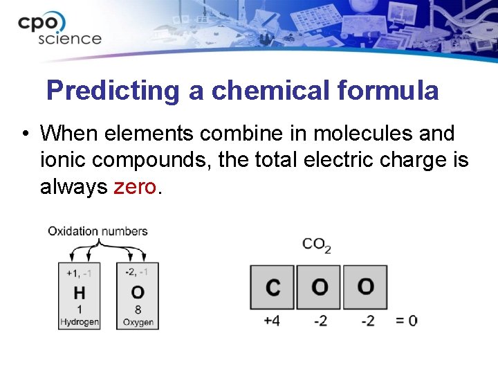 Predicting a chemical formula • When elements combine in molecules and ionic compounds, the