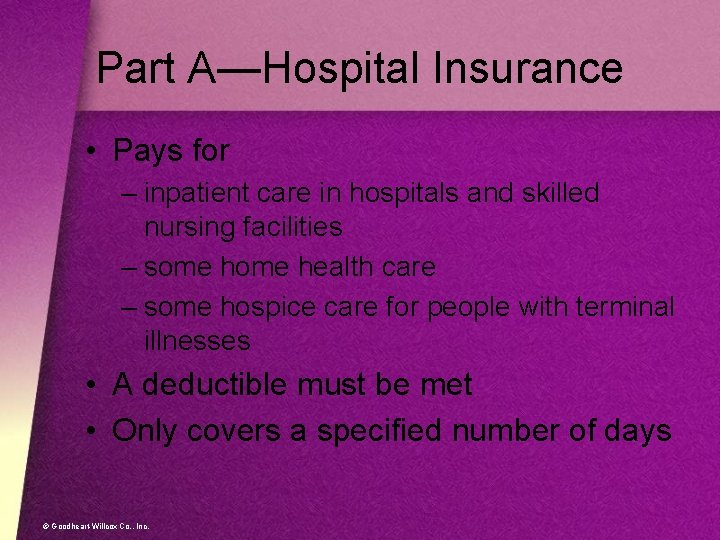 Part A—Hospital Insurance • Pays for – inpatient care in hospitals and skilled nursing