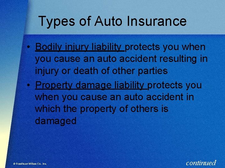 Types of Auto Insurance • Bodily injury liability protects you when you cause an