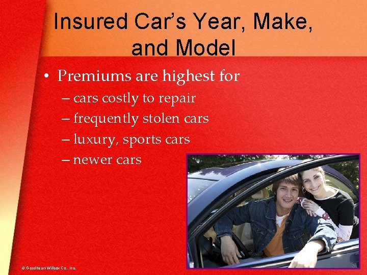 Insured Car’s Year, Make, and Model • Premiums are highest for – cars costly