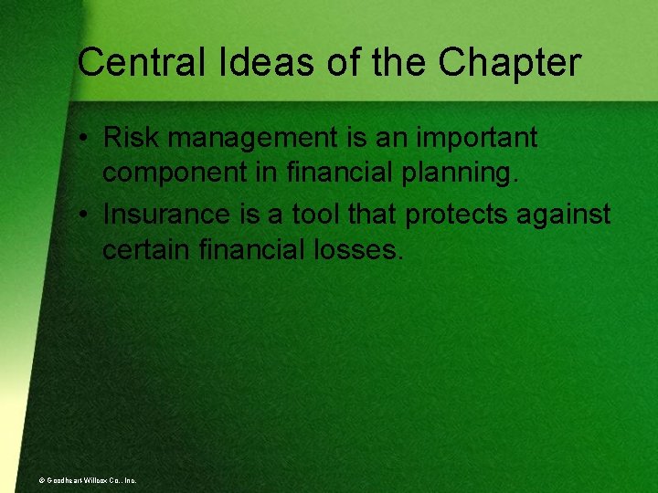 Central Ideas of the Chapter • Risk management is an important component in financial