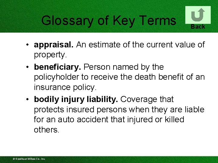 Glossary of Key Terms Back • appraisal. An estimate of the current value of