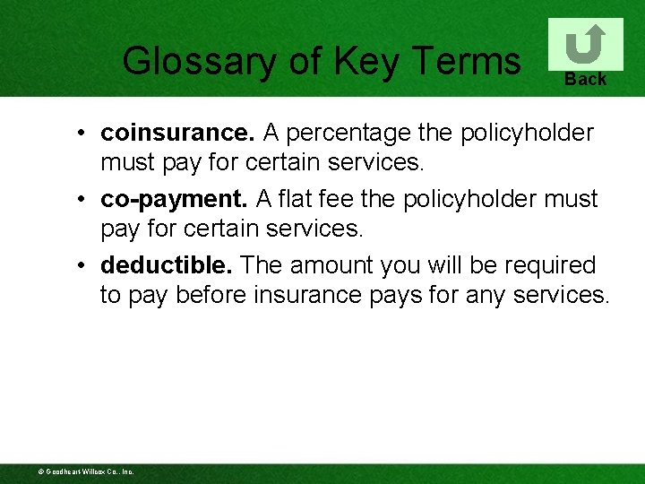 Glossary of Key Terms Back • coinsurance. A percentage the policyholder must pay for