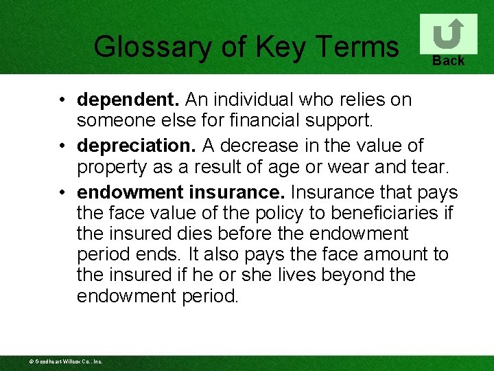 Glossary of Key Terms Back • dependent. An individual who relies on someone else