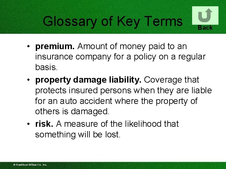 Glossary of Key Terms Back • premium. Amount of money paid to an insurance