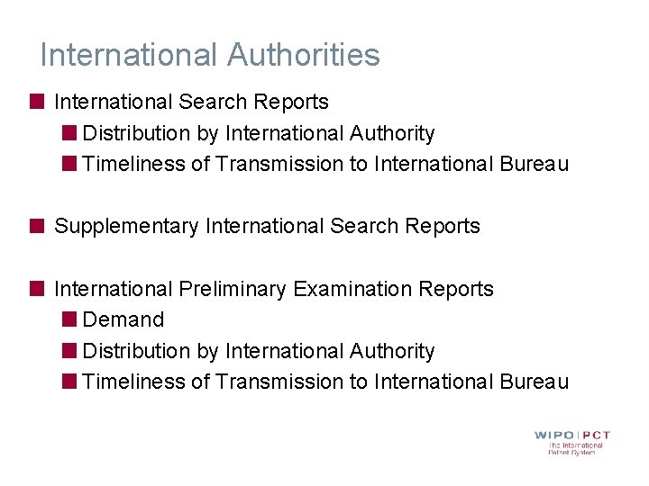 International Authorities International Search Reports Distribution by International Authority Timeliness of Transmission to International